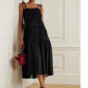 Tory Burch Black Smocked Midi Dress with Tie Straps